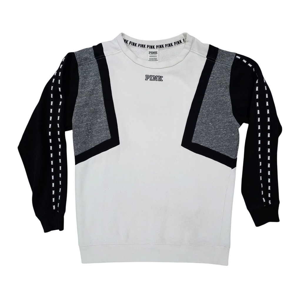 PINK Victoria's Secret Women XS White Colorblock Logo Tape Crewneck Sweatshirt